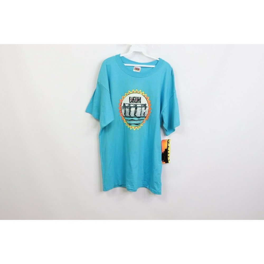 NOS Vtg Streetwear Mens XL Laguna Surfing Spell Out Double Sided T-Shirt Blue